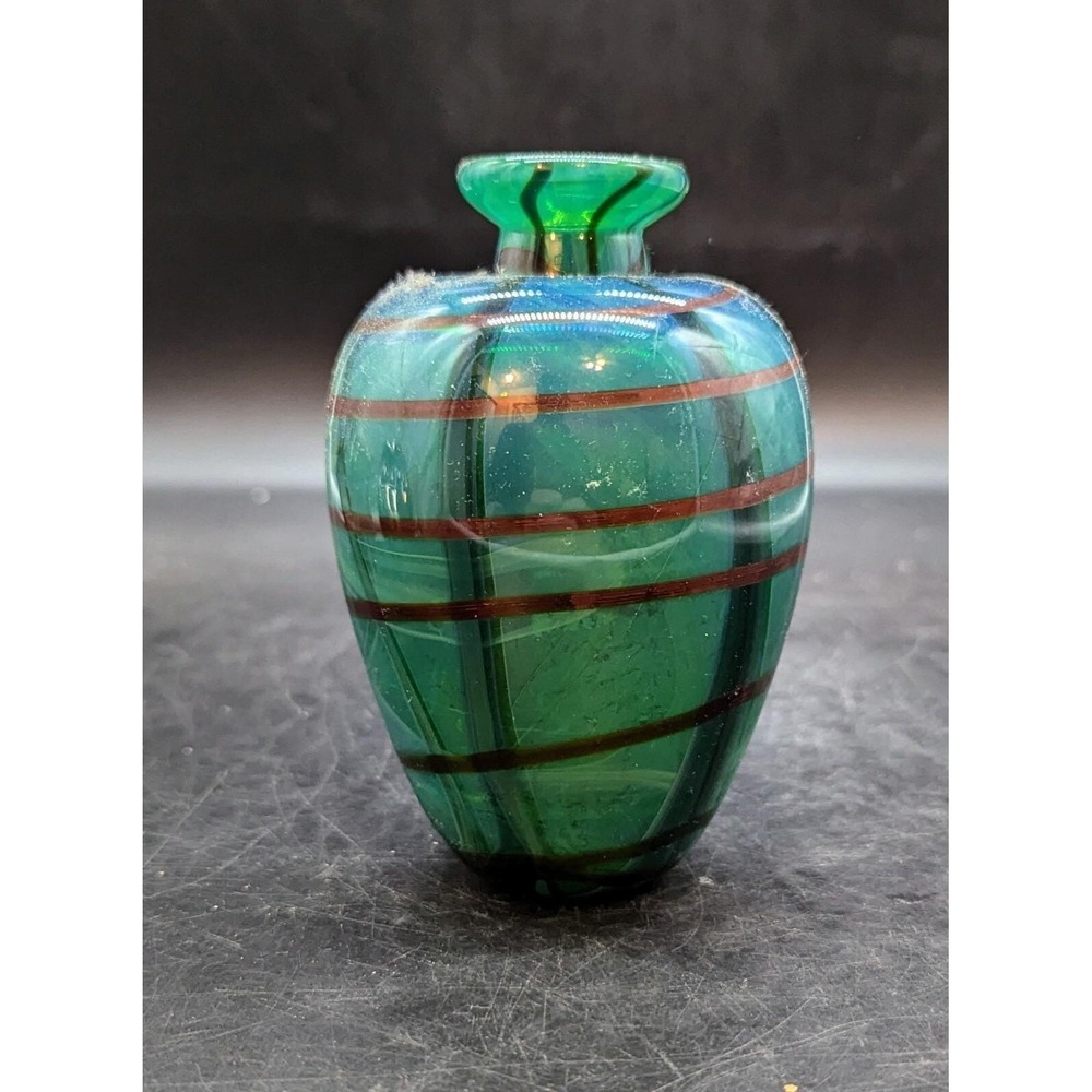 Vintage Hand Blown Studio Art Glass Green Striped Bud Vase 4.5" Signed